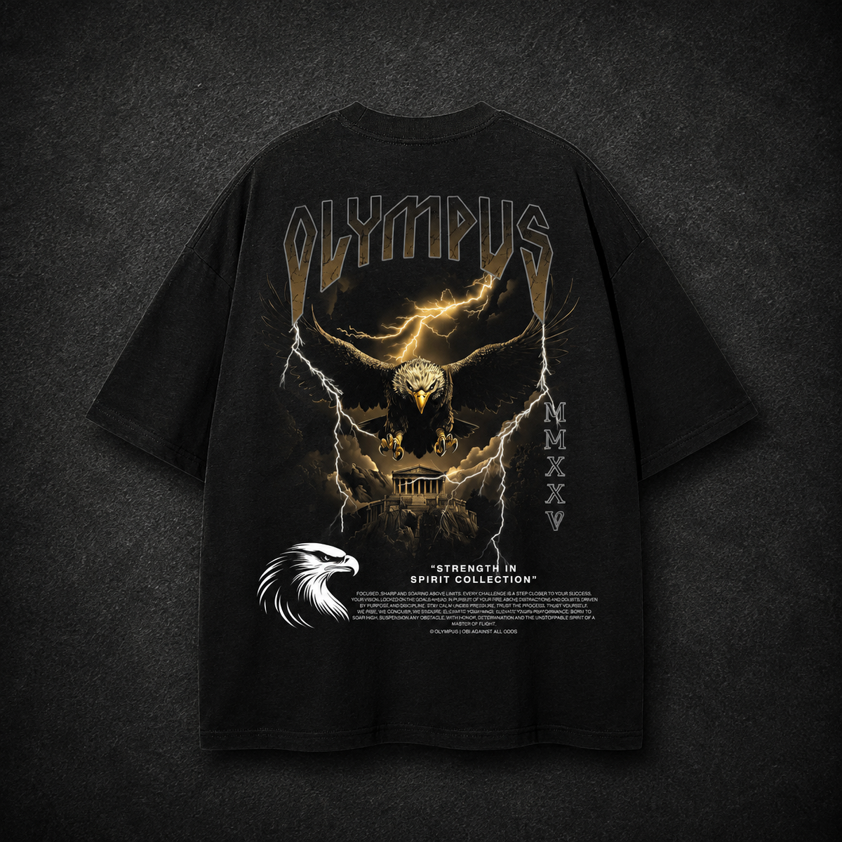 OLYMPUS Aetos Eagle heavyweight graphic tee back design in black golden eagle graphic flying 