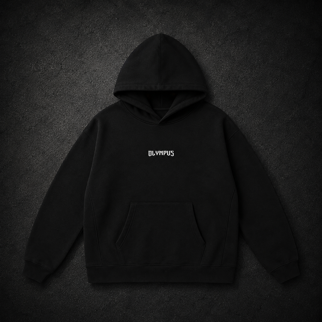 Black OLYMPUS Strength heavyweight hoodie front