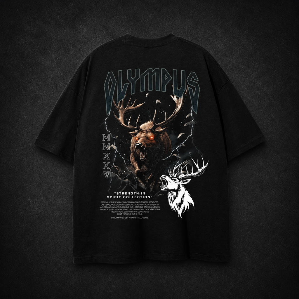 Black OLYMPUS Elk heavyweight graphic tee back design elk running graphic