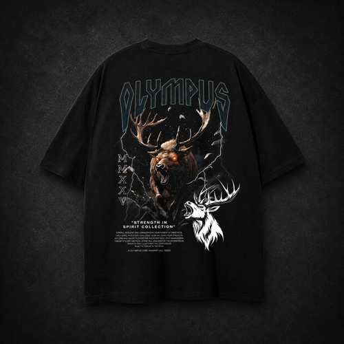 Black OLYMPUS Elk heavyweight graphic tee back design elk running graphic