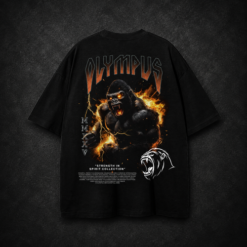 Black OLYMPUS Gorilla heavyweight graphic tee back design with gorilla graphic