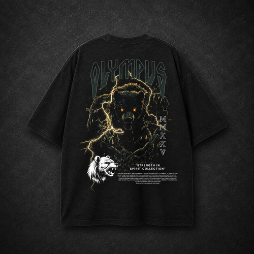 Black OLYMPUS Grizzly heavyweight graphic tee back design with grizzly charging graphic
