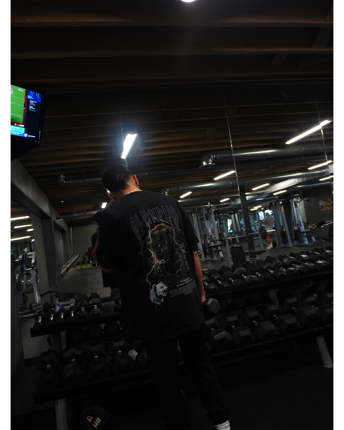 Black OLYMPUS Grizzly heavyweight graphic tee back design worn on model 