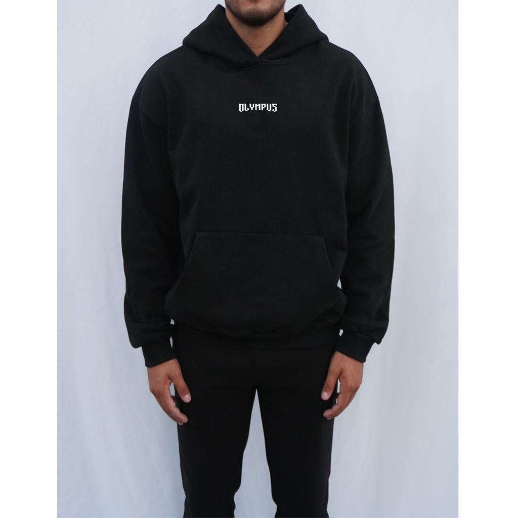 Black OLYMPUS Strength heavyweight hoodie front design worn on model