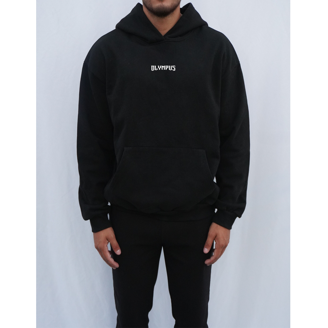 Black OLYMPUS Strength heavyweight hoodie front design worn on model