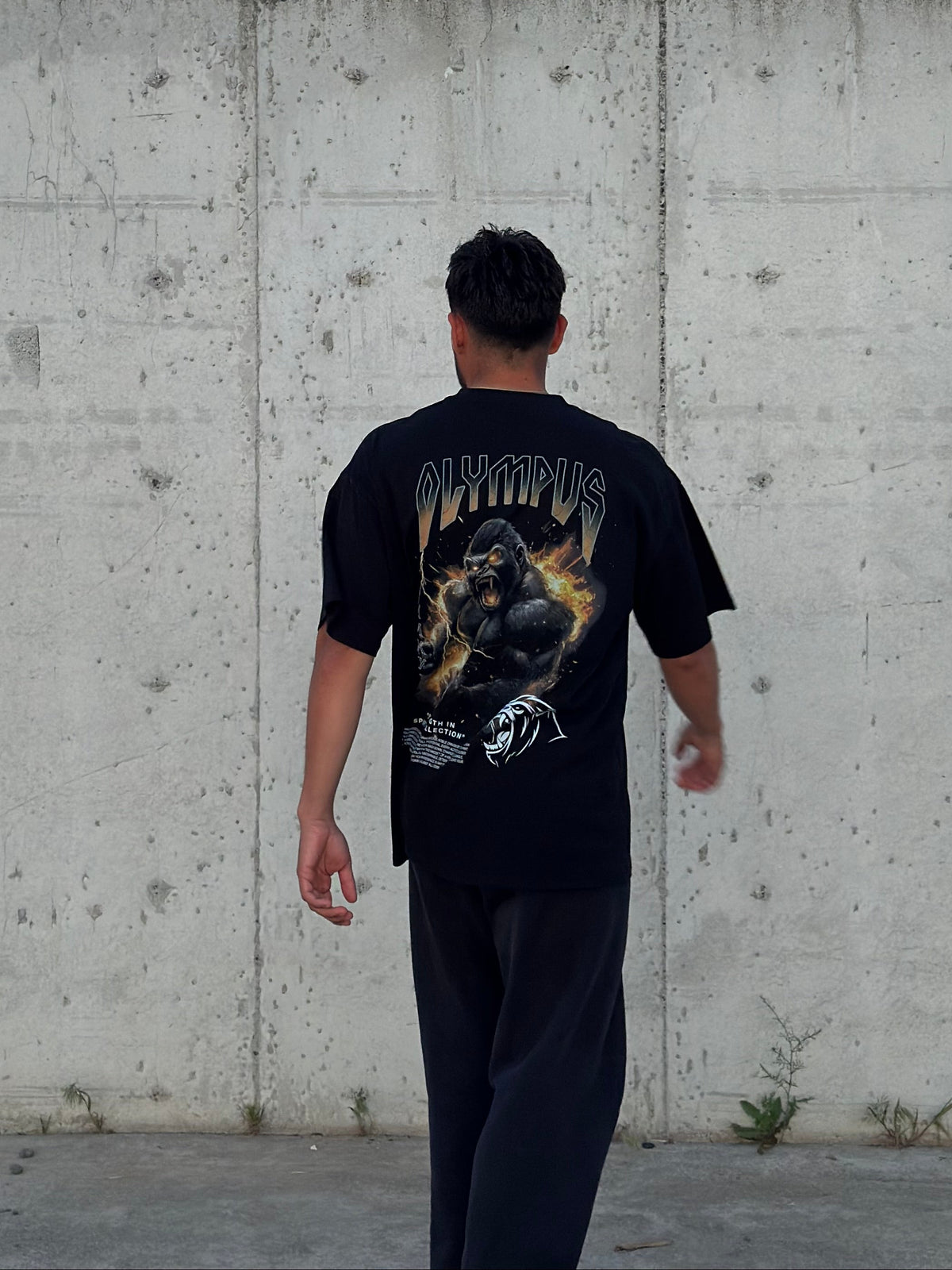 Black OLYMPUS Gorilla heavyweight graphic tee back design worn on model outside