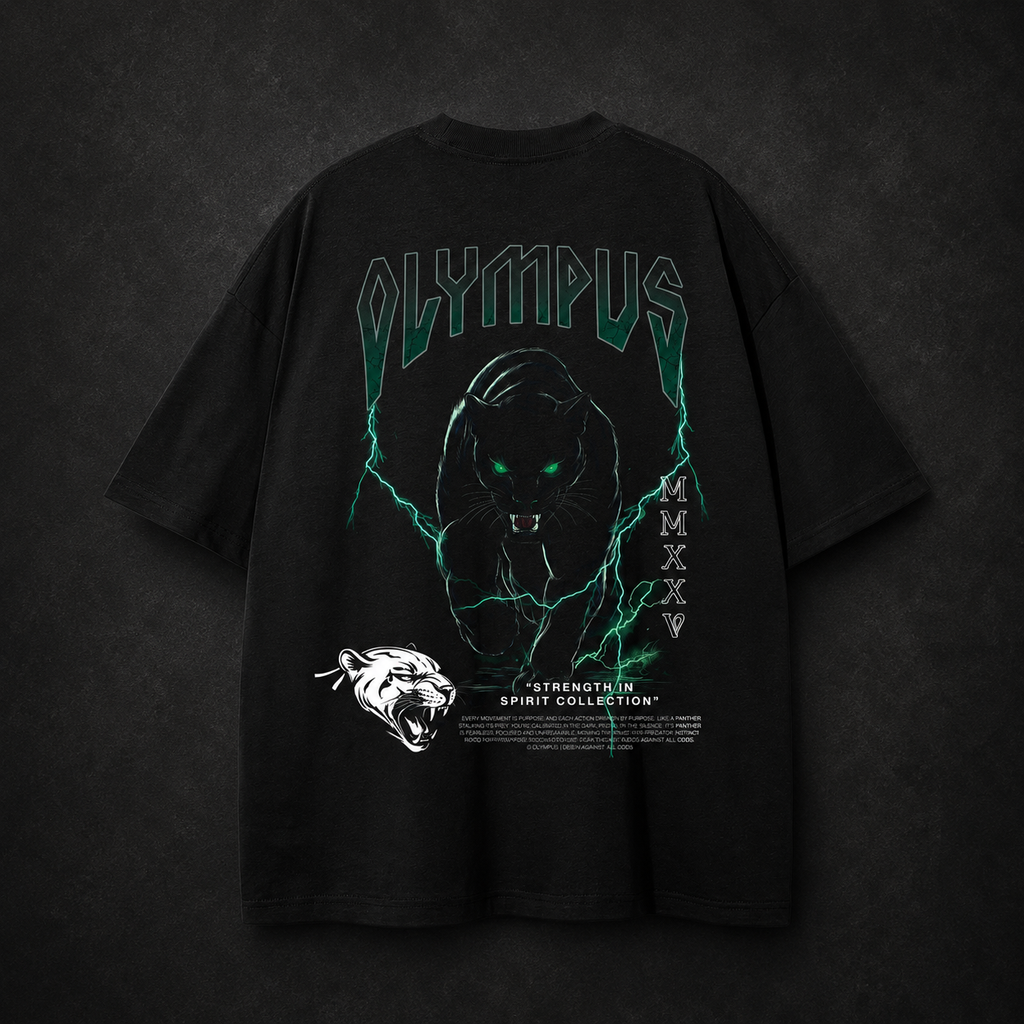 Black OLYMPUS Pantera heavyweight graphic tee back design green lightning panther graphic