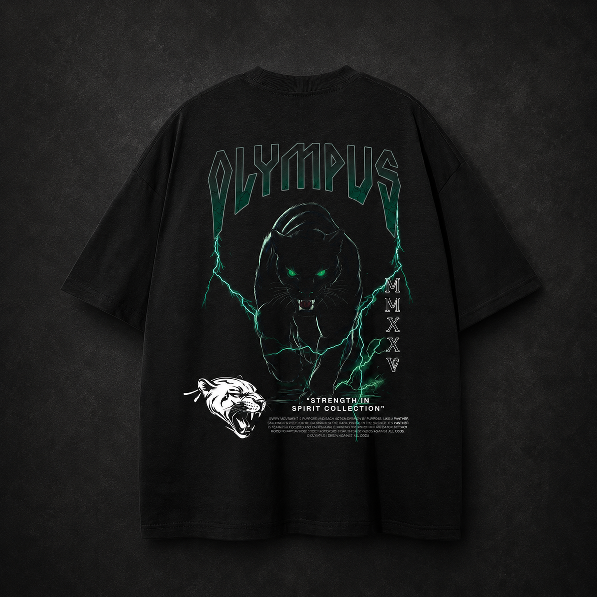 Black OLYMPUS Pantera heavyweight graphic tee back design green lightning panther graphic